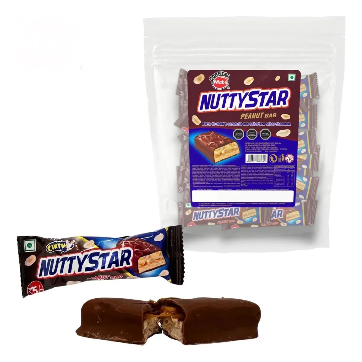 Barra De Chocolate Nutty Star Mabu - Relleno de Caramelo Con Mani - Bolsa Con 30 Unidades