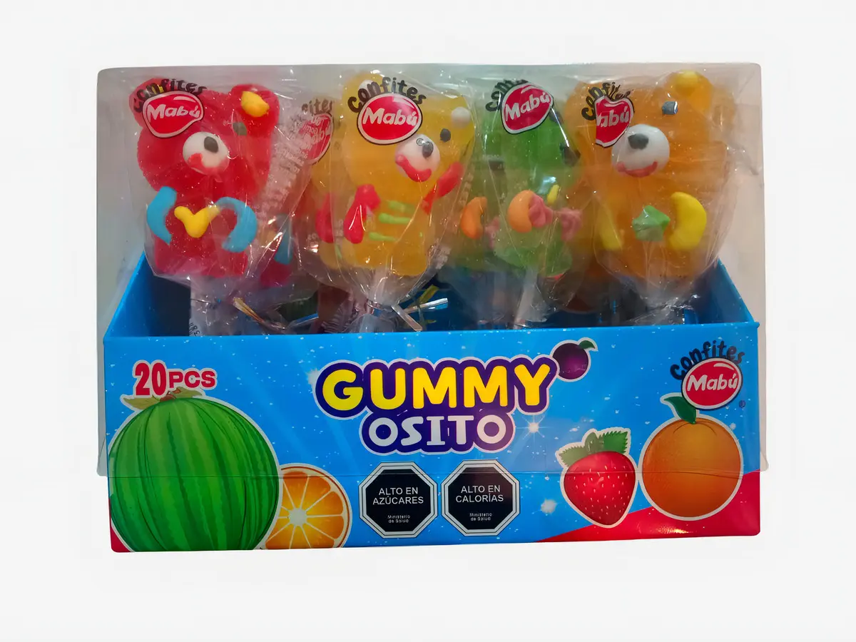 Paletas Gummy Ositos Sabor Frutal - Mabu - Display Con 20 Unidades