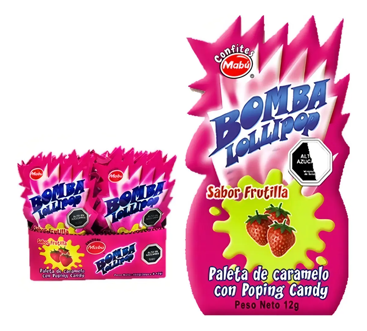 Paleta Bomba Explota Sabor Frutilla - Mabu - Display Con 24 Unidades