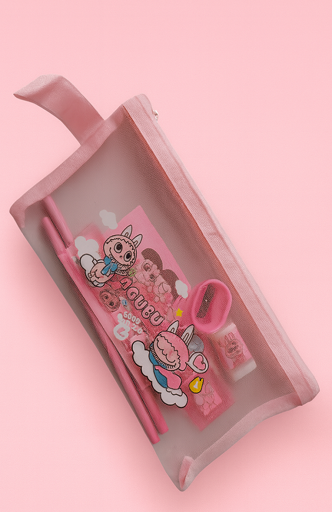 Estuche Escolar La Bubu 7 Piezas Kawaii Rosa