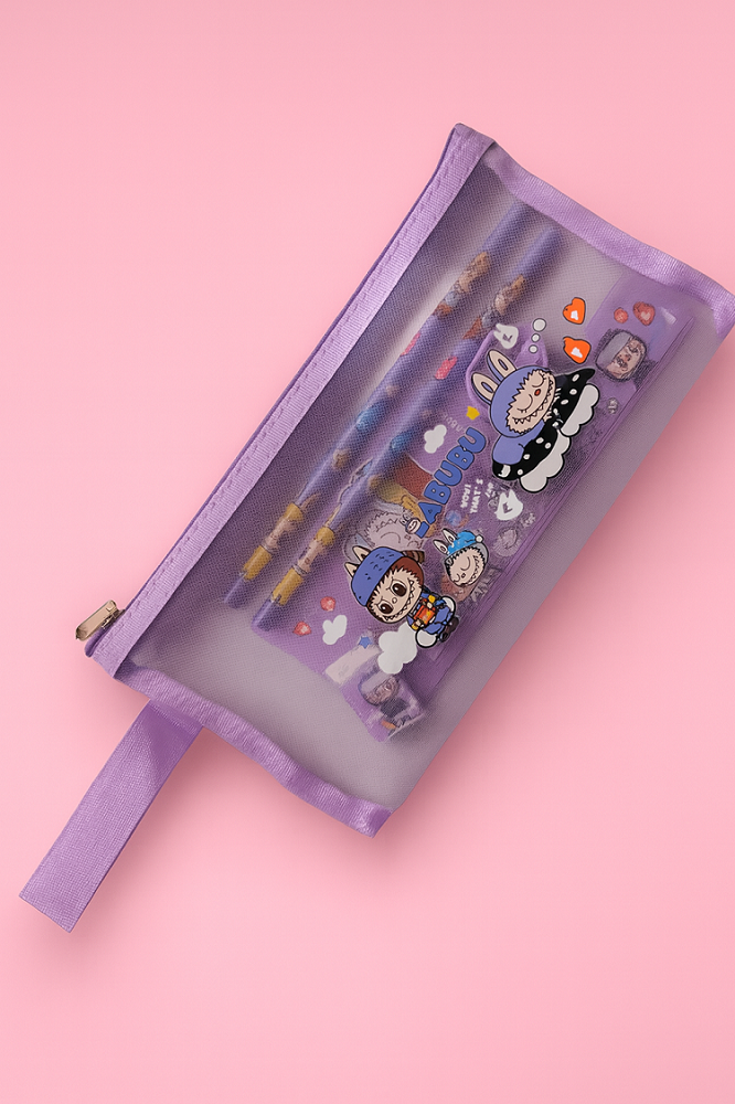 Estuche Escolar La Bubu 7 Piezas Kawaii Lila