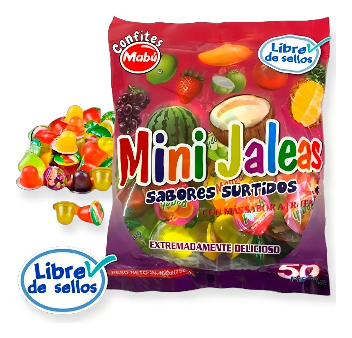 Mini Jalea Sabores Frutales Sin Azúcar (Bolsa Con 50 Unidades) - Mabu