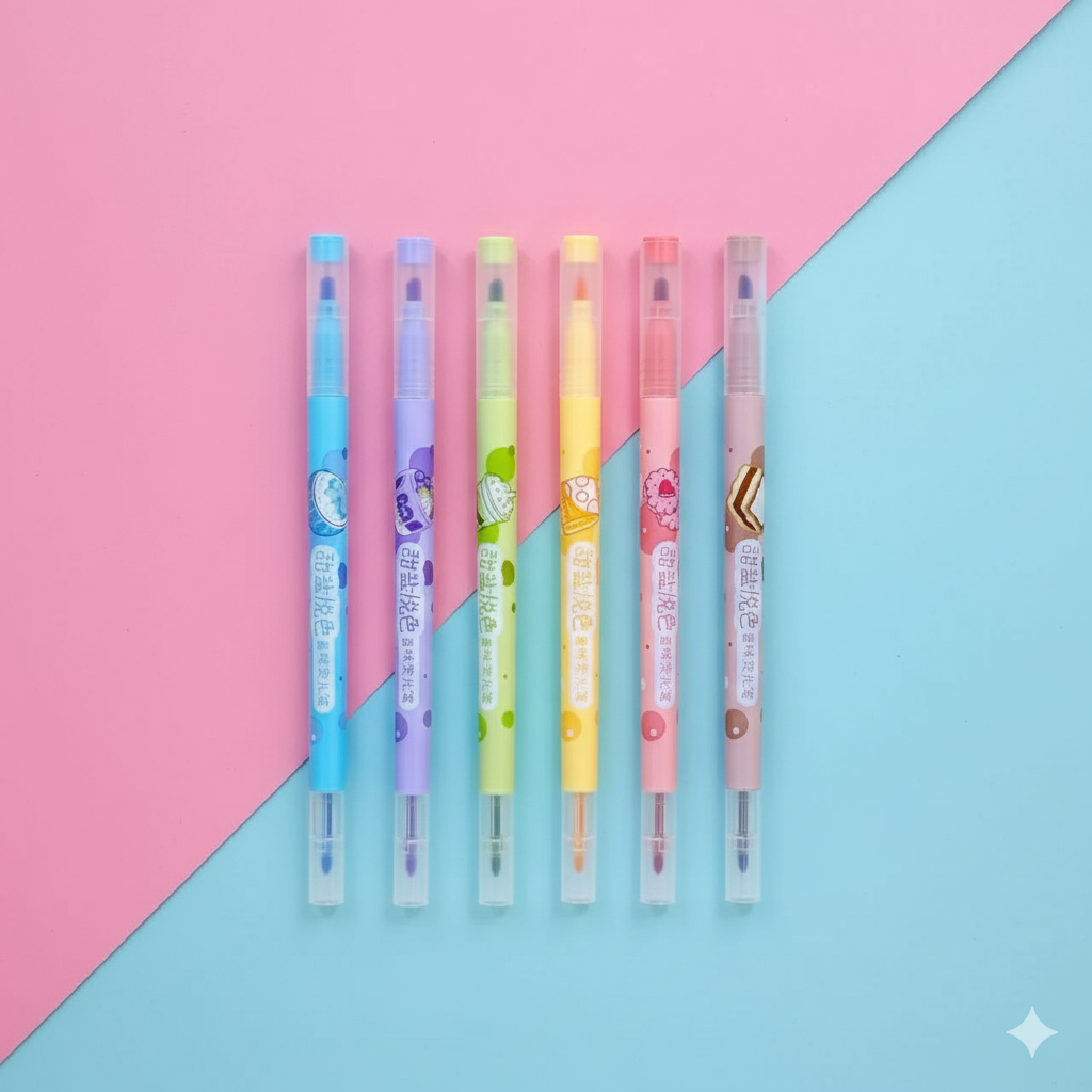 Set de 6 Destacadores Kawaii con Doble Punta y Olor a Postres