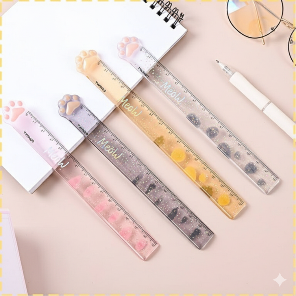 Regla Transparente Gliter Kawaii Diseño Pata de Gato (15 Cm)